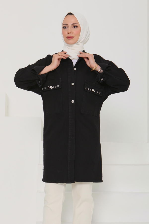 Kadın Oversize Kuş Gözü Cepli Kot Ceket - 26579