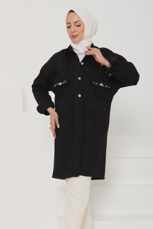 Kadın Oversize Kuş Gözü Cepli Kot Ceket - 26579
