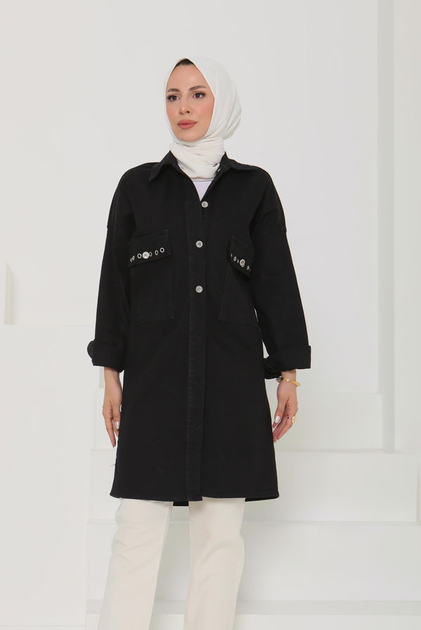 Kadın Oversize Kuş Gözü Cepli Kot Ceket - 26579