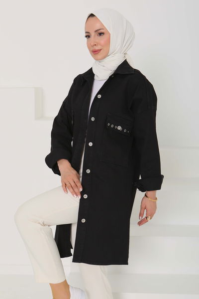 Kadın Oversize Kuş Gözü Cepli Kot Ceket - 26579
