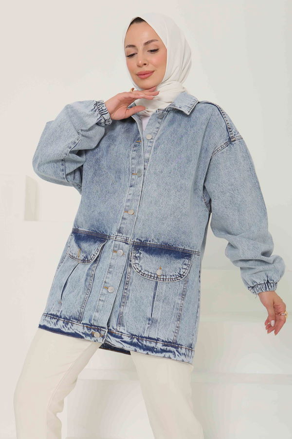 Kadın Oversize Körüklü Cep Kot Ceket  - 26578