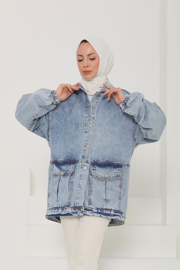 Kadın Oversize Körüklü Cep Kot Ceket  - 26578