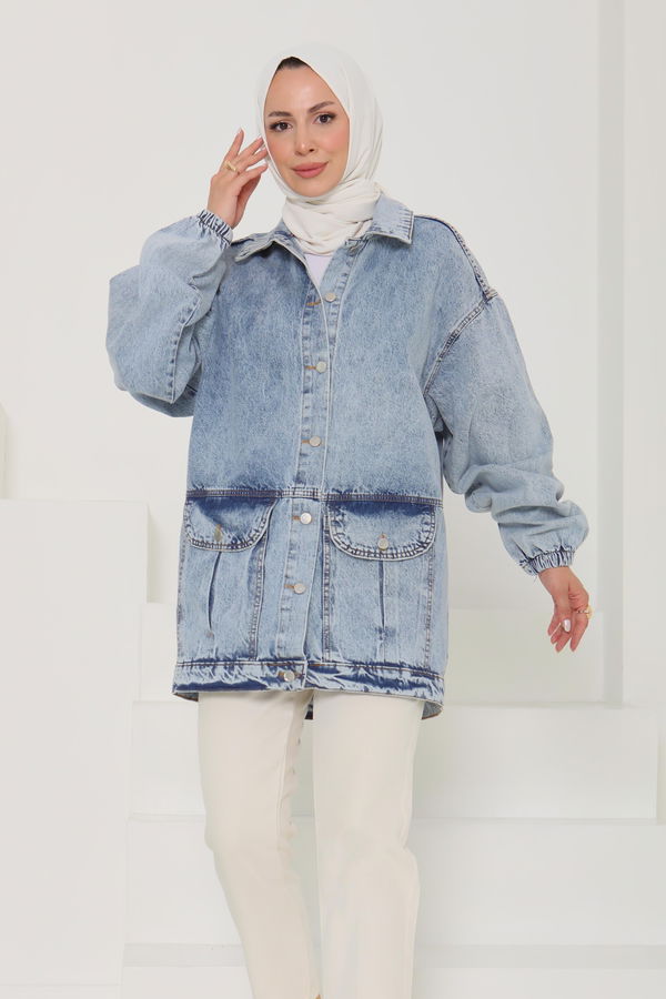 Kadın Oversize Körüklü Cep Kot Ceket  - 26578