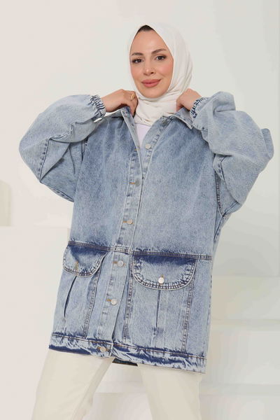 Kadın Oversize Körüklü Cep Kot Ceket  - 26578