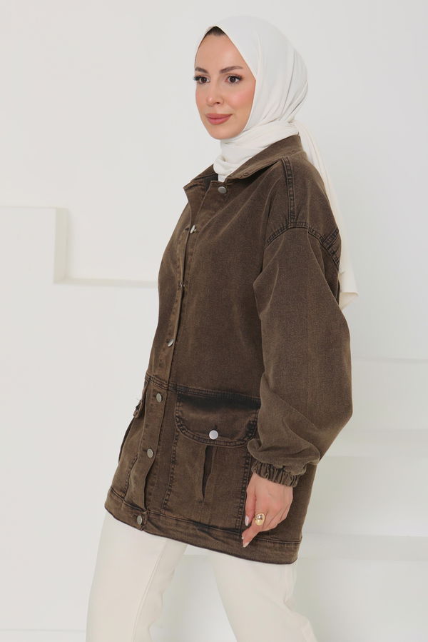 Kadın Oversize Körüklü Cep Kot Ceket  - 26578