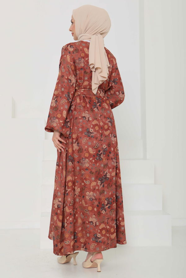 Desenli Kuşaklı Elbise - 27101