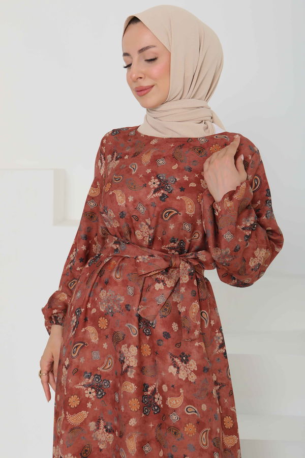 Desenli Kuşaklı Elbise - 27101