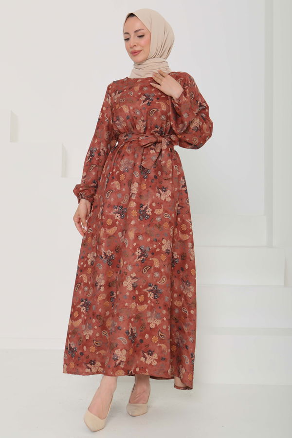 Desenli Kuşaklı Elbise - 27101