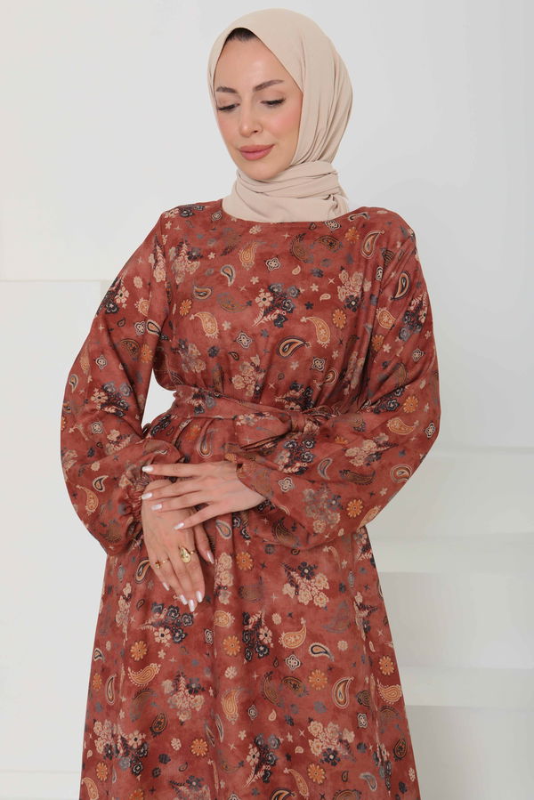Desenli Kuşaklı Elbise - 27101