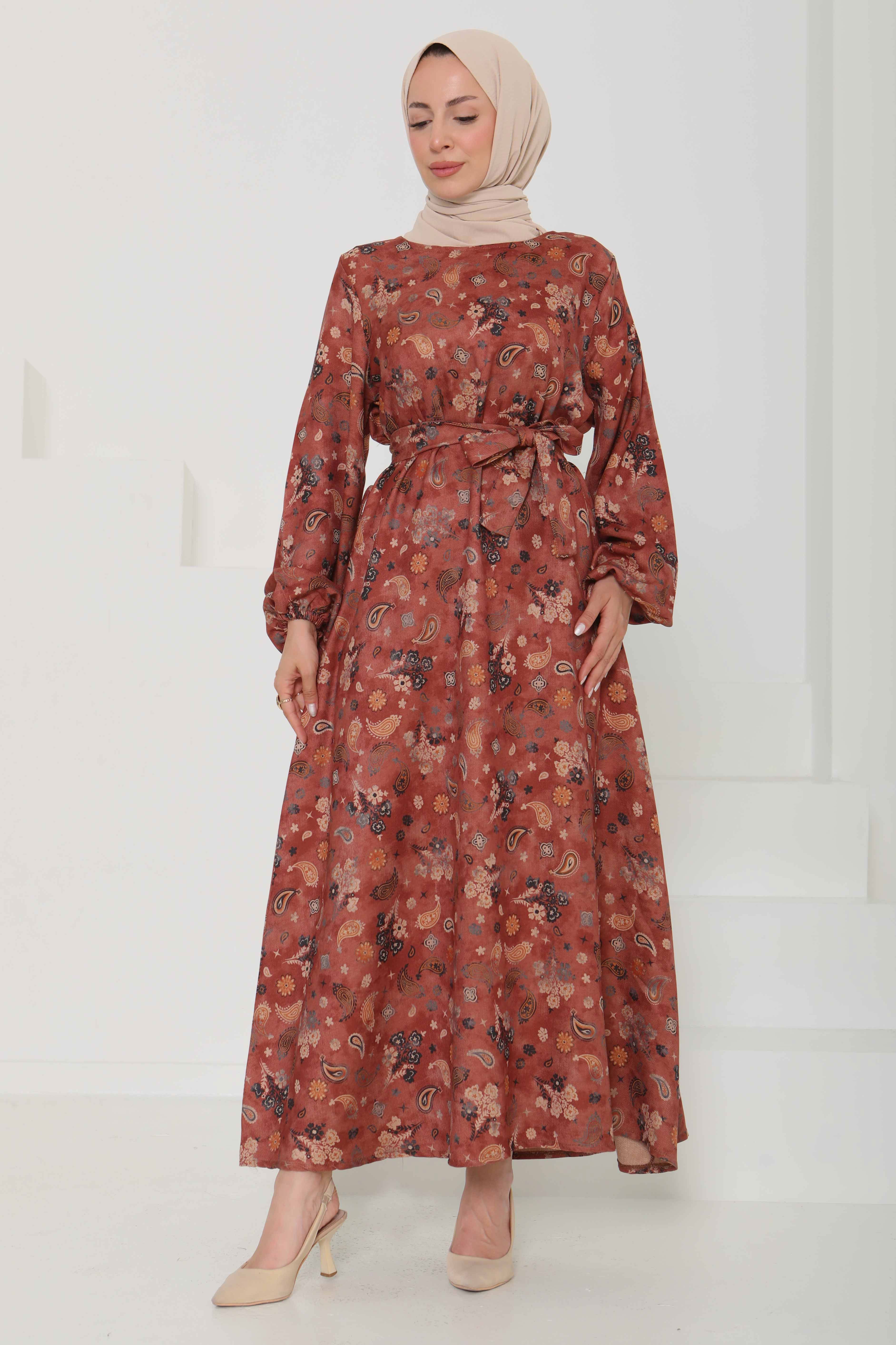 Desenli Kuşaklı Elbise - 27101