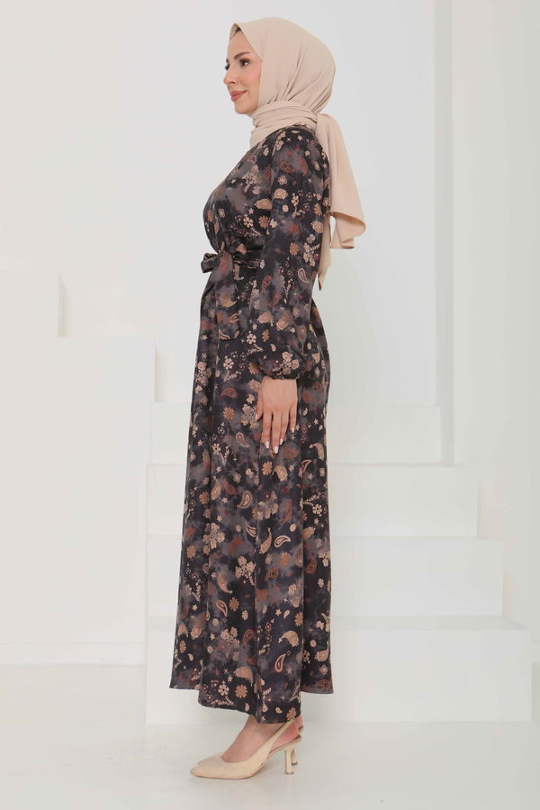 Desenli Kuşaklı Elbise - 27101