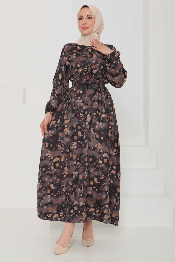 Desenli Kuşaklı Elbise - 27101