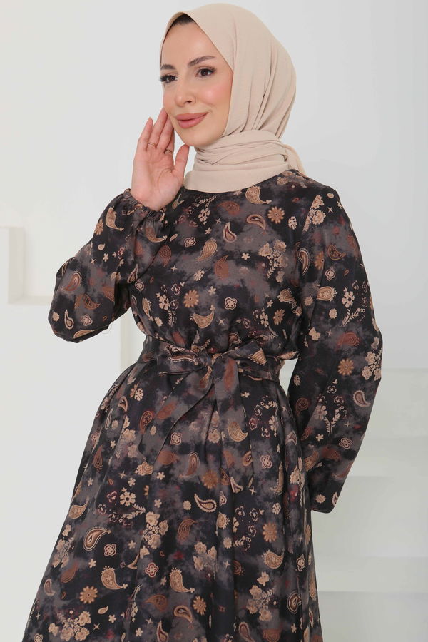 Desenli Kuşaklı Elbise - 27101