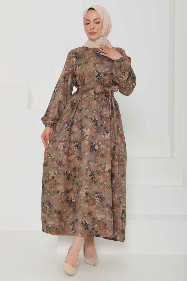 Desenli Kuşaklı Elbise - 27101