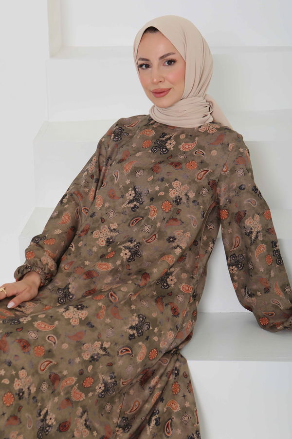 Desenli Kuşaklı Elbise - 27101