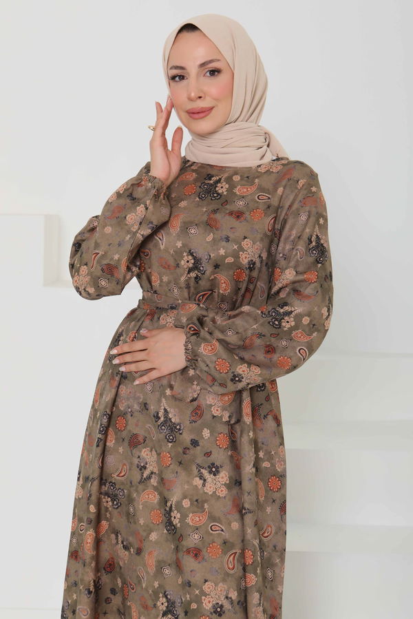 Desenli Kuşaklı Elbise - 27101