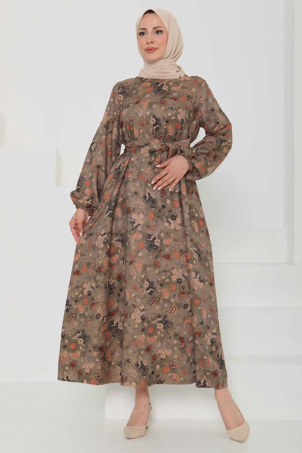 Desenli Kuşaklı Elbise - 27101