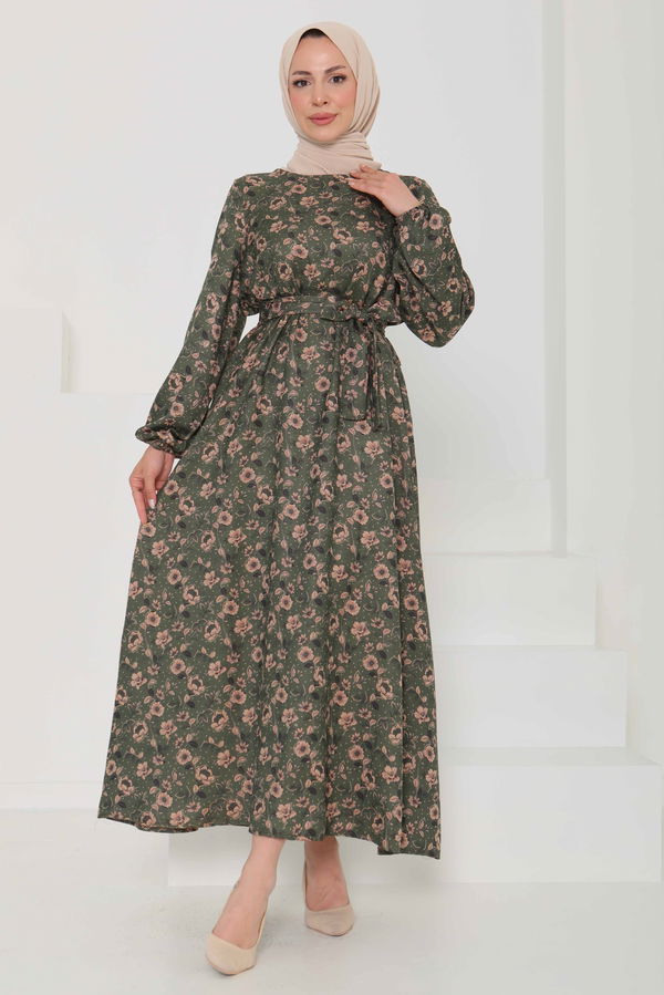 Çiçek Desenli Kuşaklı Elbise - 27103