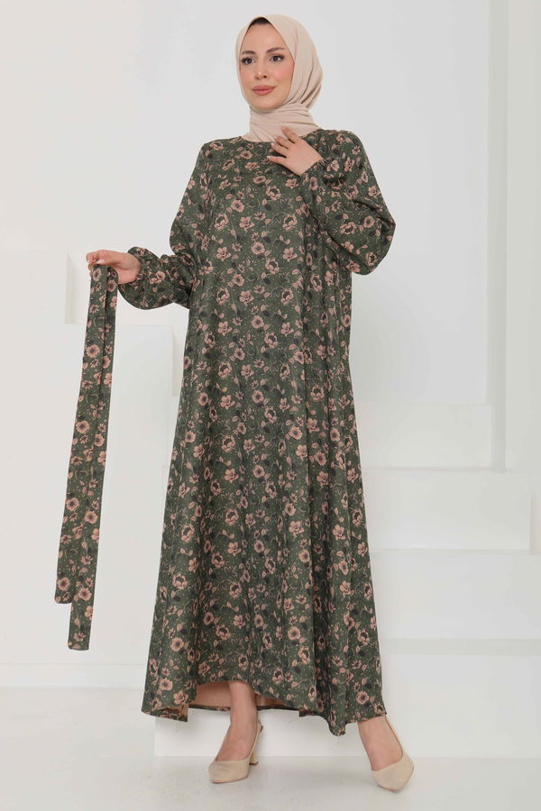 Çiçek Desenli Kuşaklı Elbise - 27103