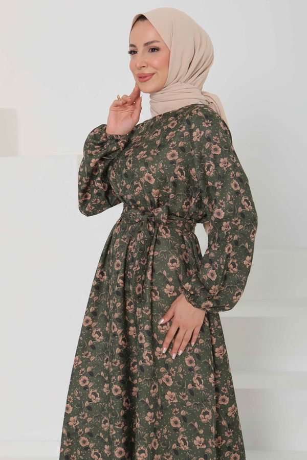 Çiçek Desenli Kuşaklı Elbise - 27103