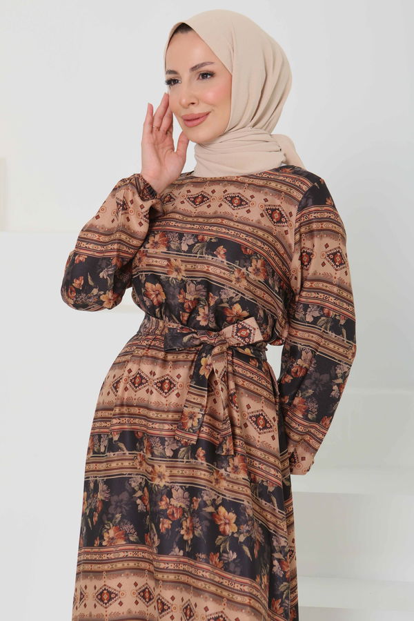 Çiçek Desenli Kuşaklı Elbise - 27105