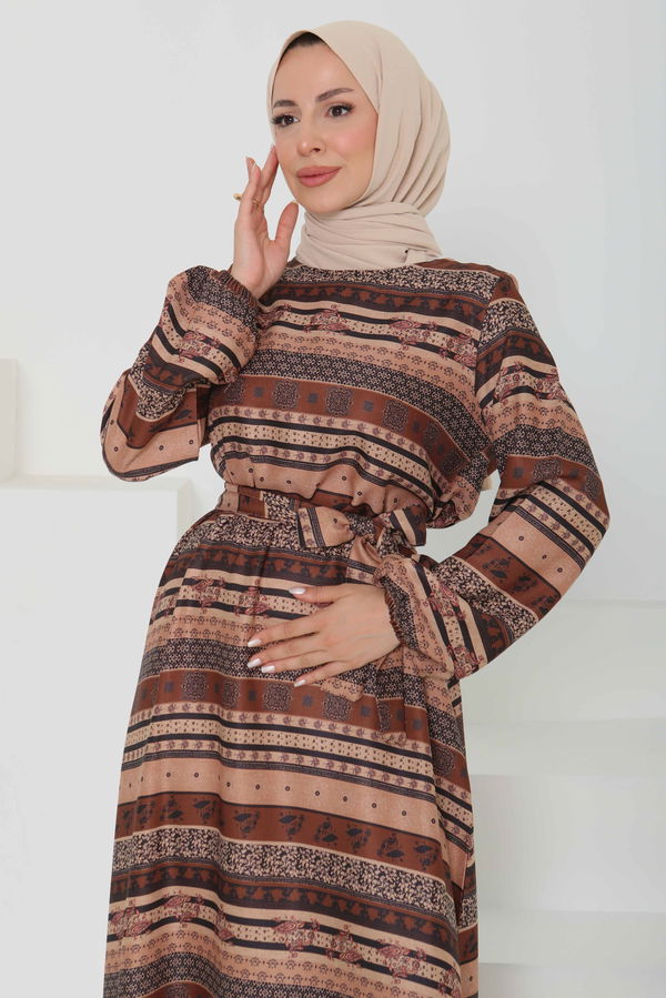 Desenli Kuşaklı Elbise - 27106