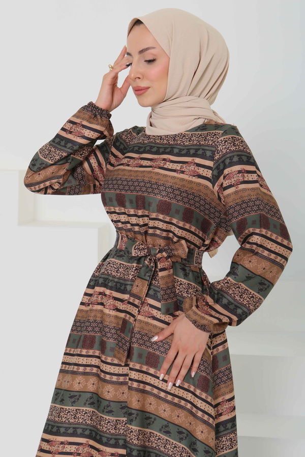 Desenli Kuşaklı Elbise - 27106