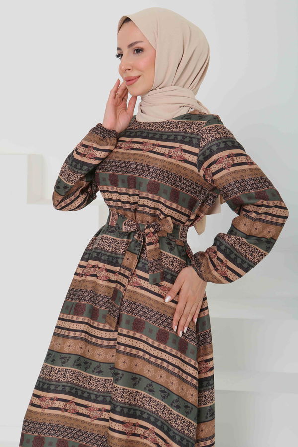 Desenli Kuşaklı Elbise - 27106