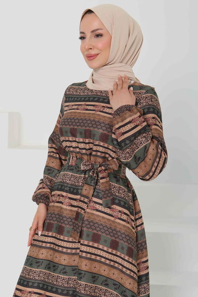 Desenli Kuşaklı Elbise - 27106