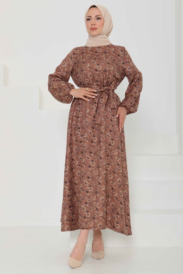 Çiçek Desenli Kuşaklı Elbise - 27103