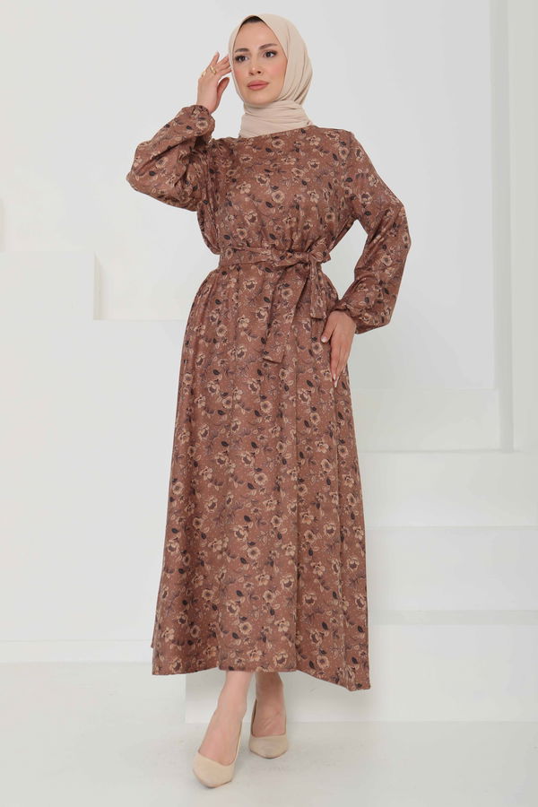 Çiçek Desenli Kuşaklı Elbise - 27103