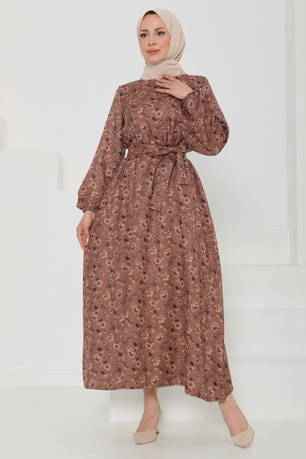 Çiçek Desenli Kuşaklı Elbise - 27103