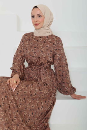 Çiçek Desenli Kuşaklı Elbise - 27103