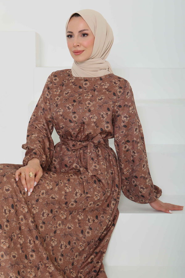 Çiçek Desenli Kuşaklı Elbise - 27103