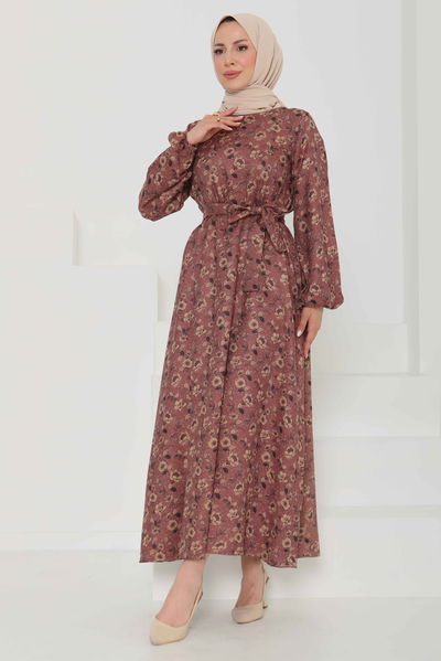 Çiçek Desenli Kuşaklı Elbise - 27103
