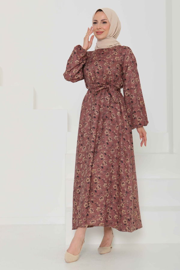 Çiçek Desenli Kuşaklı Elbise - 27103