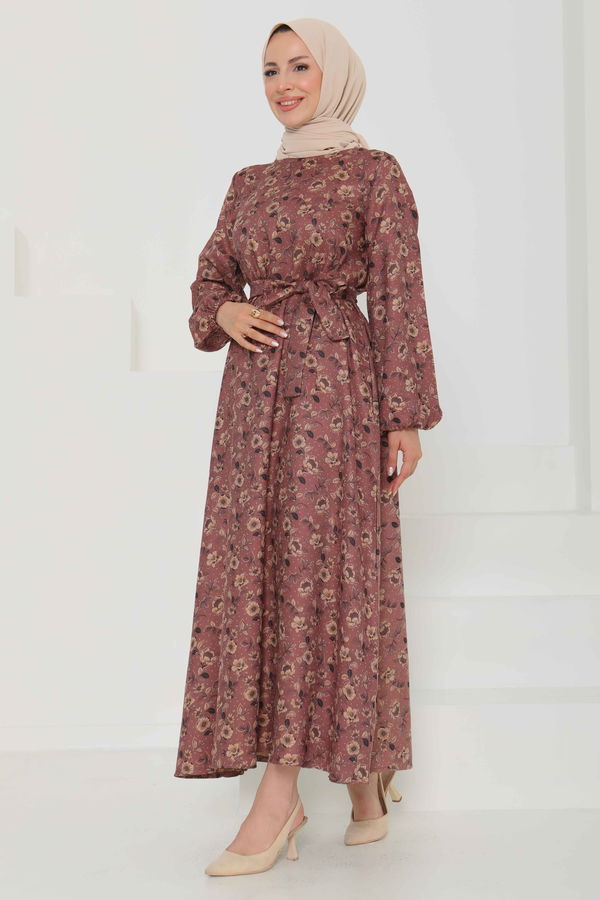 Çiçek Desenli Kuşaklı Elbise - 27103