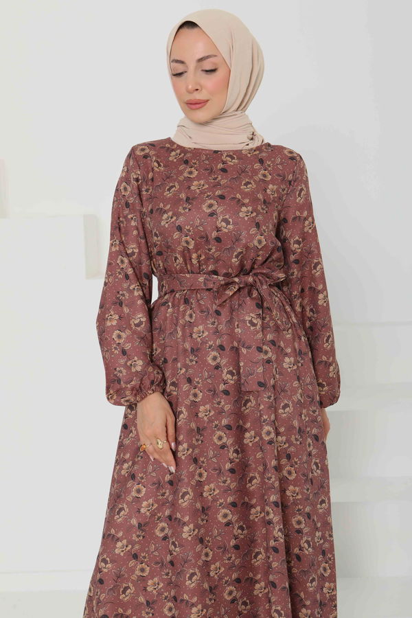 Çiçek Desenli Kuşaklı Elbise - 27103