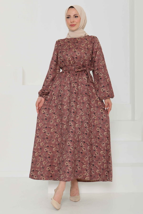 Çiçek Desenli Kuşaklı Elbise - 27103