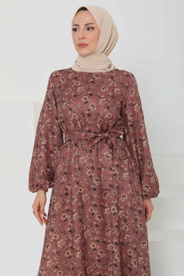 Çiçek Desenli Kuşaklı Elbise - 27103