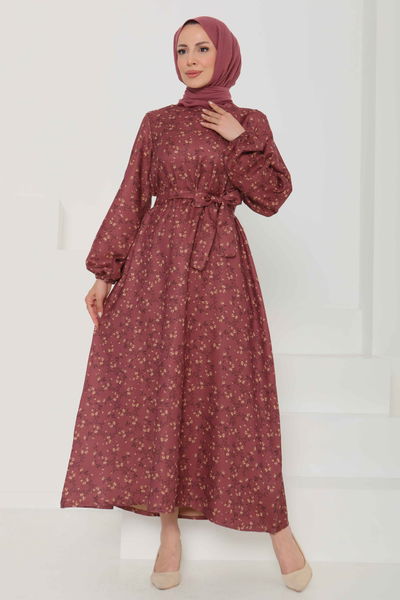 Desenli Kuşaklı Elbise - 27107