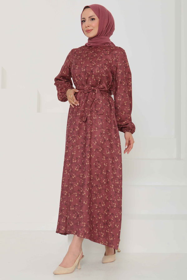 Desenli Kuşaklı Elbise - 27107