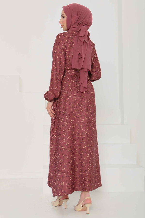 Desenli Kuşaklı Elbise - 27107