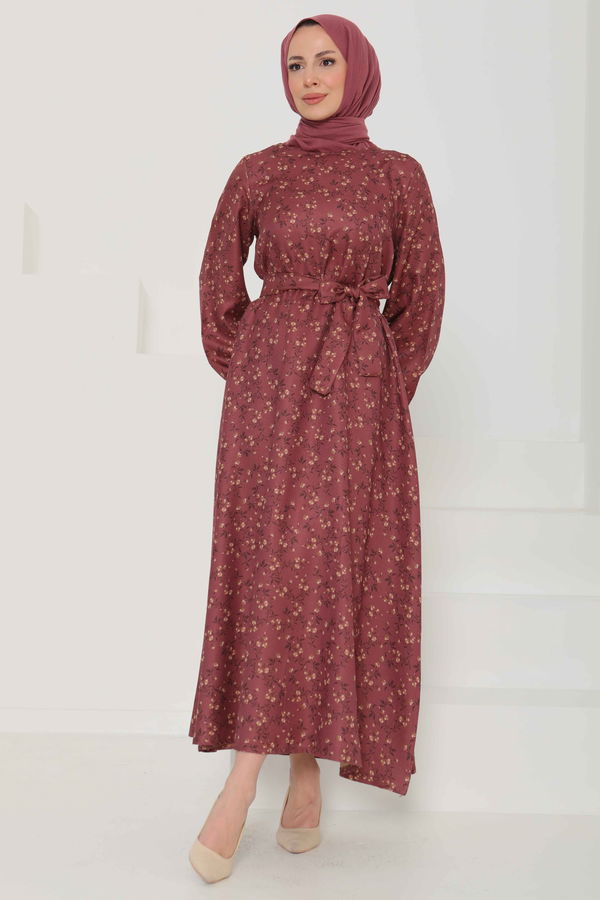 Desenli Kuşaklı Elbise - 27107