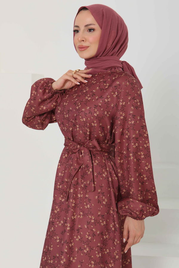 Desenli Kuşaklı Elbise - 27107