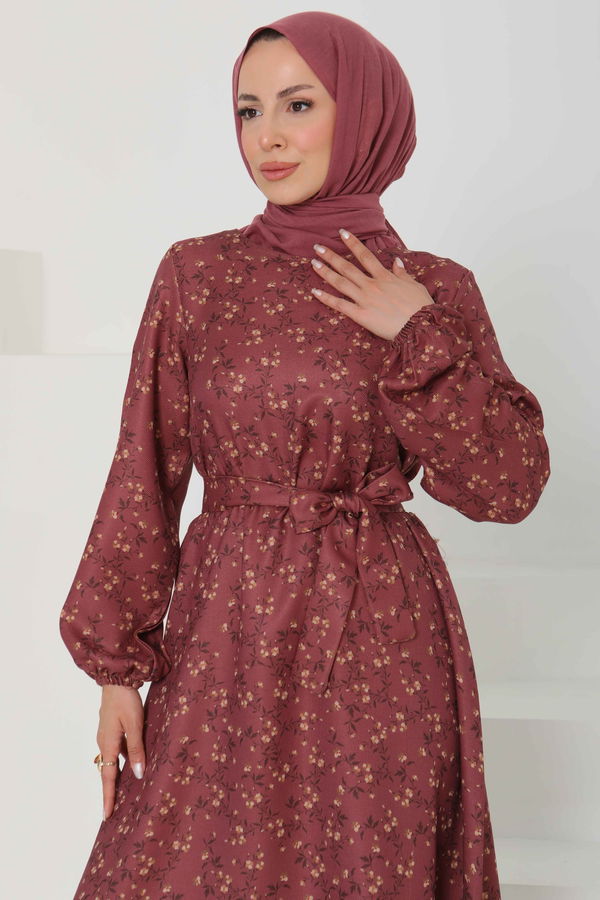 Desenli Kuşaklı Elbise - 27107