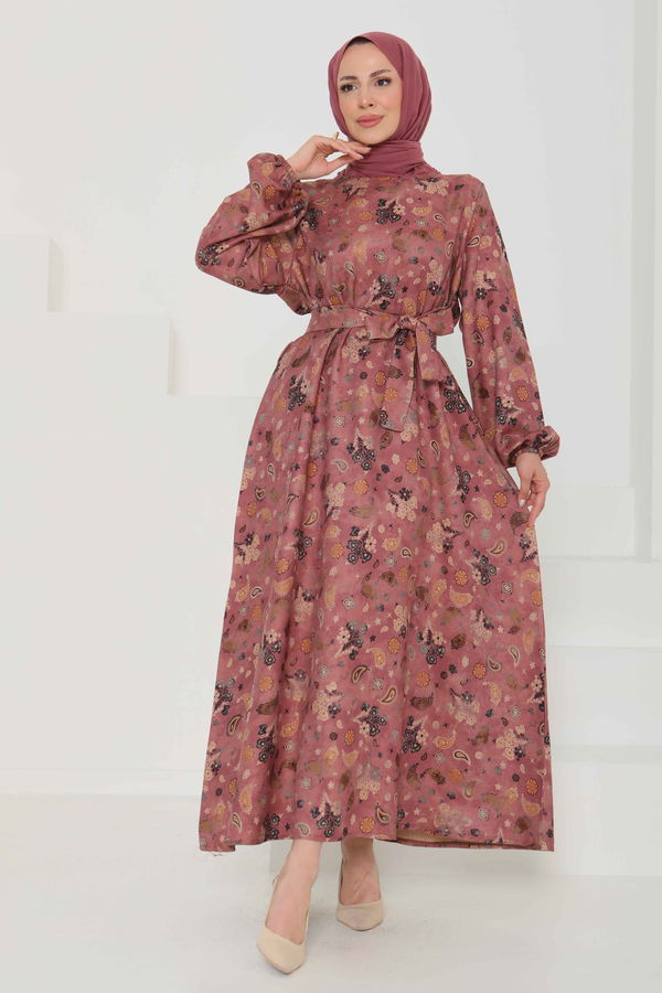 Desenli Kuşaklı Elbise - 27101