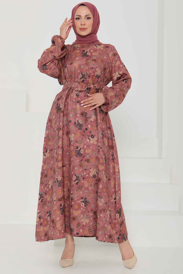 Desenli Kuşaklı Elbise - 27101