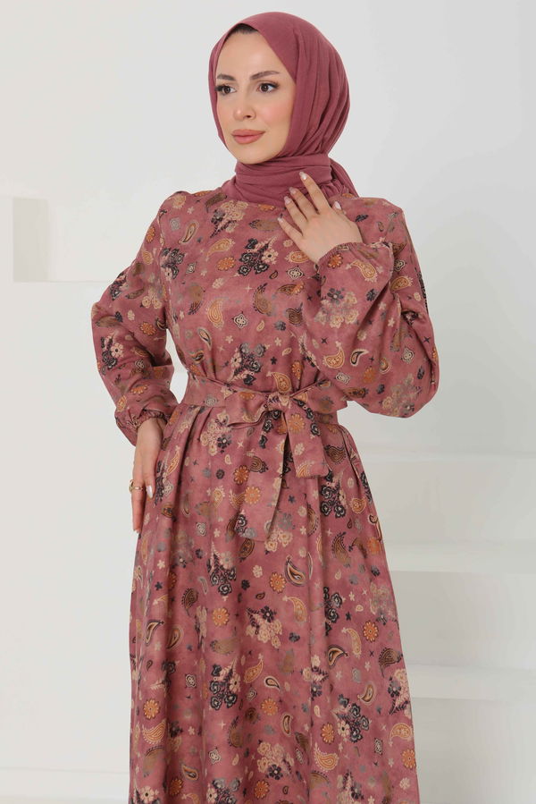 Desenli Kuşaklı Elbise - 27101