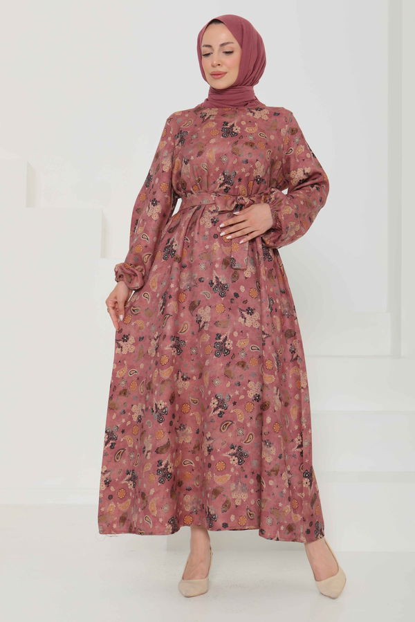 Desenli Kuşaklı Elbise - 27101